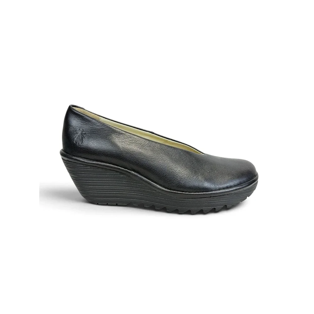 Fly London Yaz Black Leather Wedge Pumps Platform Shoes 500025149 EU 40 New